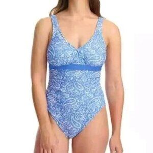 LOLE One Piece Swimsuit Porcelain Paisley Surplice Padded Full Coverage UPF 50